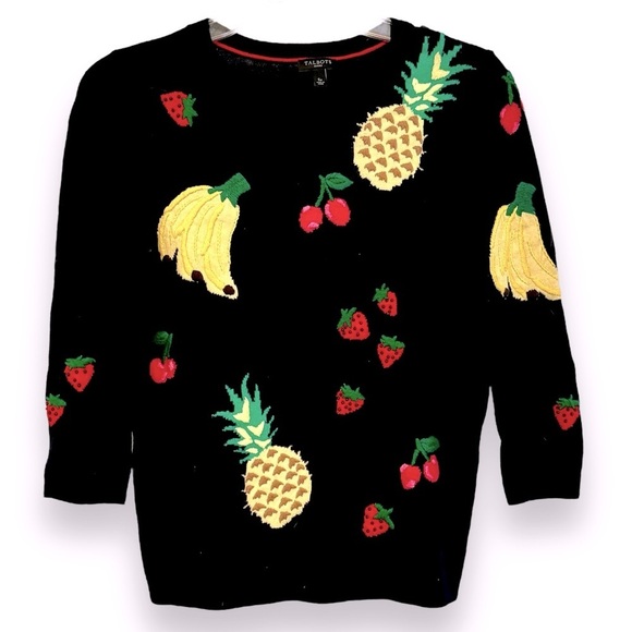 Talbots Petite Size Small Fruit Embroidered On Black 3/4 Sleeve Sweater - Picture 2 of 5